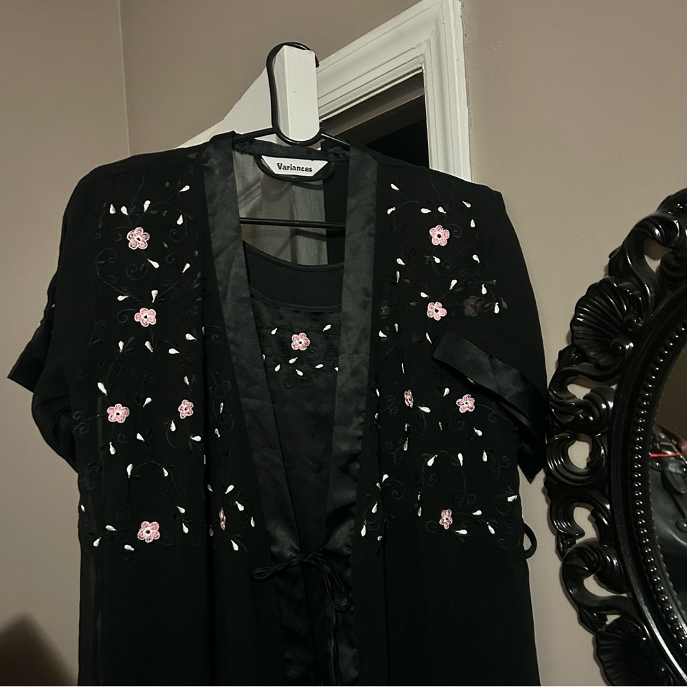 Variances Black Embroidered Floral Slip Dress and Matching Robe